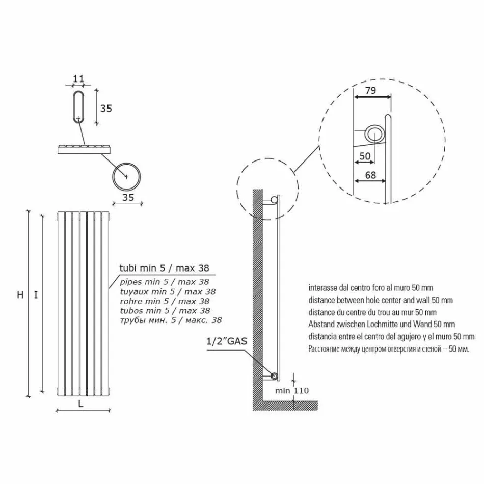 Modernes Design Vertikaler hydraulischer Wandkühler bis 1224 Watt - Regolo Viadurini