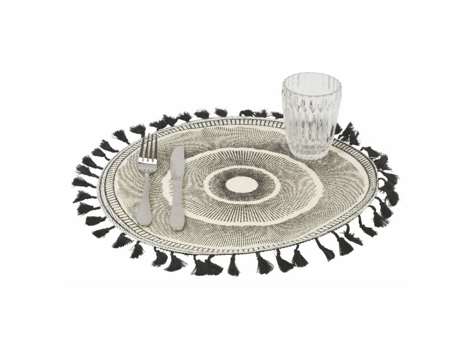 Rundes Frühstücks-Tischset aus Jute mit schwarzen Fransen 12 Stück - Casside Viadurini
