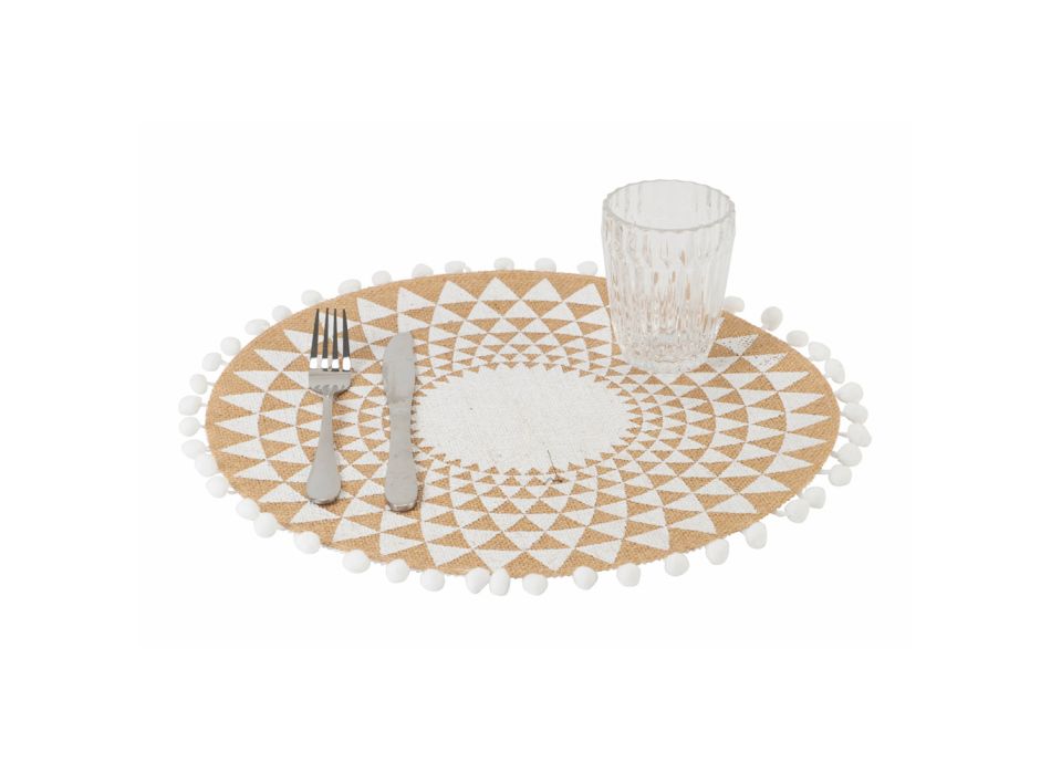 Rundes Frühstücks-Tischset aus Jute mit weißem Pon Pon 12 Stück - Cassiode Viadurini