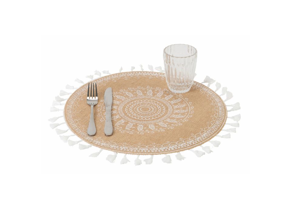 Rundes Frühstücks-Tischset aus Jute und 3 weißen Dekorationen 12 Stück - Cassiode Viadurini
