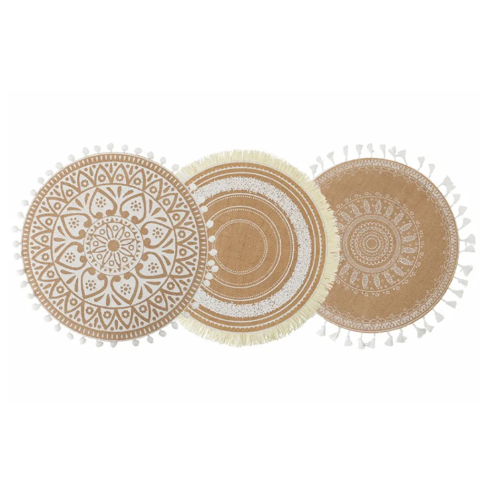 Rundes Frühstücks-Tischset aus Jute und 3 weißen Dekorationen 12 Stück - Cassiode Viadurini