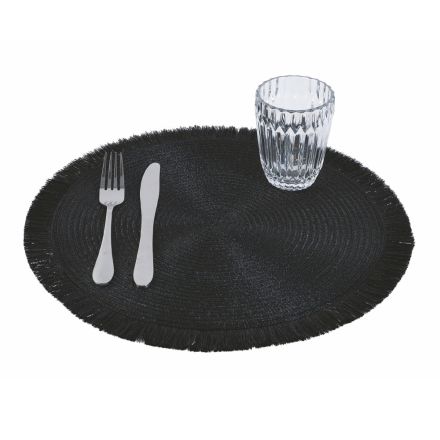 Runde Frühstücks-Tischsets aus schwarzem Polyester mit Fransen 12 Stück - Saretta Viadurini