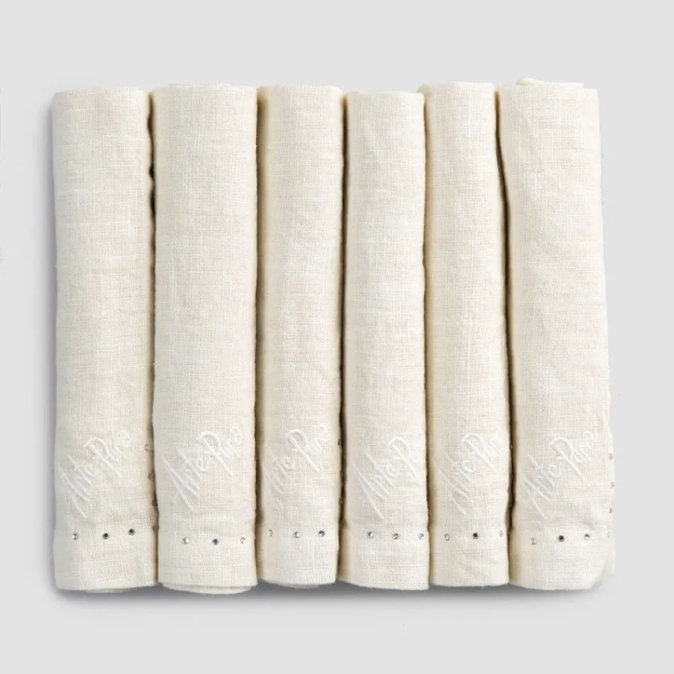 Leinenservietten mit schwarzen oder butterfarbenen Kristallen, 6 Stück, italienischer Luxus – Prezio Viadurini