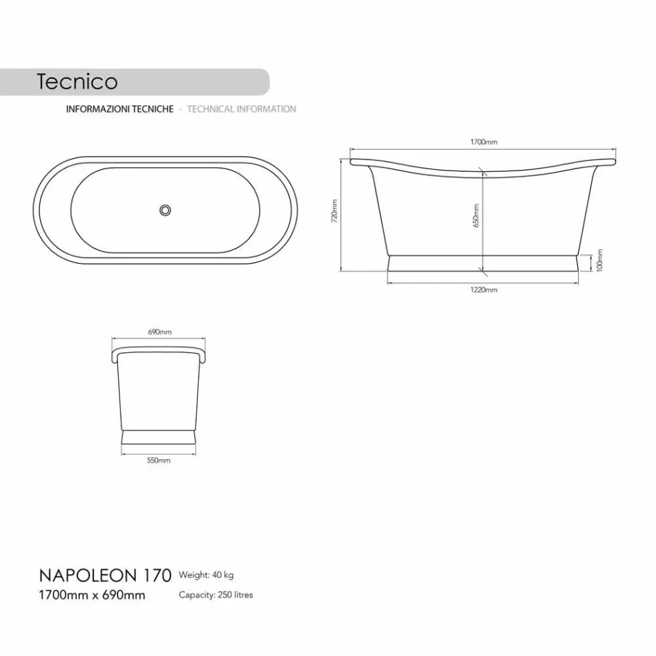 Badewanne freistehende Kupferbad fertig in Nickel Julia Viadurini