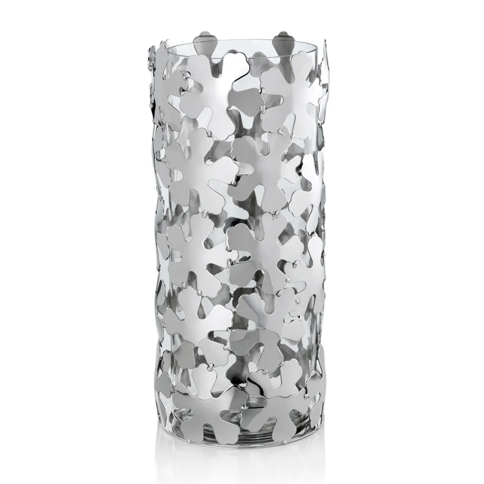 Vase aus silbernem Metall und Glas Elegantes zylindrisches Design mit Blumen - Megghy Viadurini