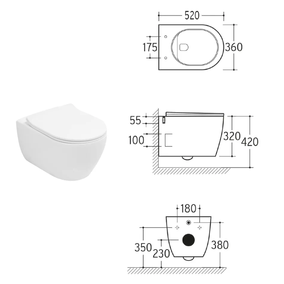 Wandhängendes, spülrandloses WC aus weißer Keramik, Modell Aster, mit Soft-Close-Sitz Viadurini