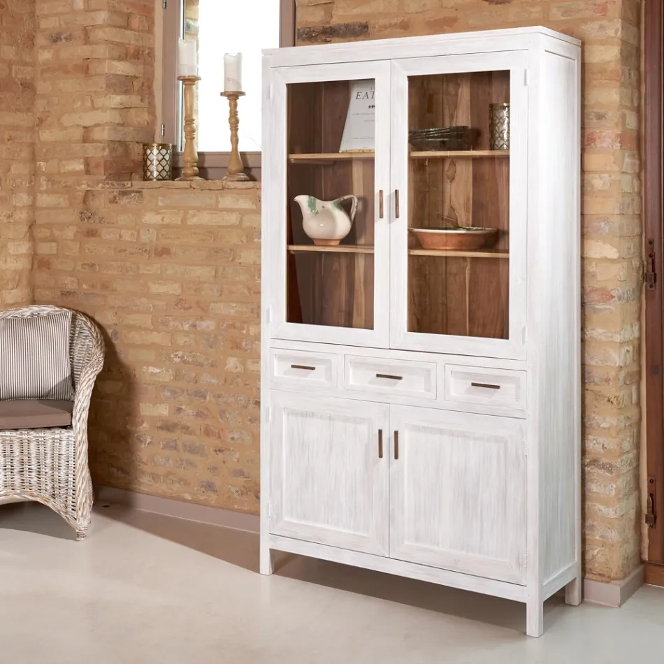 Sanda Wohnzimmer-Vitrine aus massivem Teakholz mit 4 Türen und 3 Schubladen Viadurini